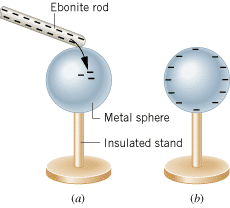 (a) Electrons are transferred by rubbing the negatively charged rod on the metal sphere. (b) When the rod is removed, the electrons distribute themselves over the surface of the sphere.