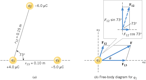(a) Three charges lying in a plane. (b) The net force acting on q1 is FF12F13. The angle that F makes with the x axis is .