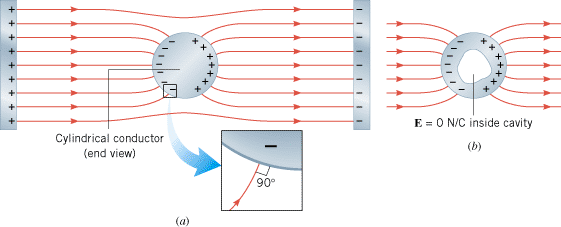 (a) A cylindrical conductor (shown as an end view) is placed between the oppositely charged plates of a capacitor. The electric field lines do not penetrate the conductor. The blowup shows that, just outside the conductor, the electric field lines are perpendicular to its surface. (b) The electric field is zero in a cavity within the conductor.