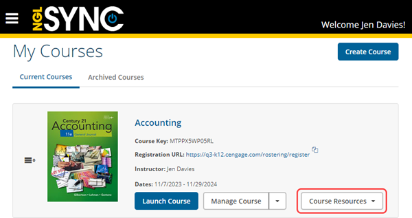 NGLSync portal with a course tile for Honors Chemistry. The course has three buttons: More Details, Launch Course, and Course Resources on the far right.