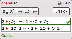 The chemPad tool includes a row of buttons at the top, a formatted display area in the middle, and a text entry box at the bottom.