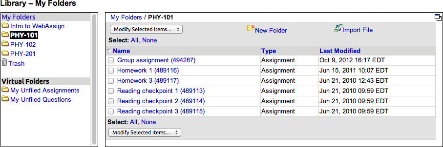 My Folders page showing folders for several classes