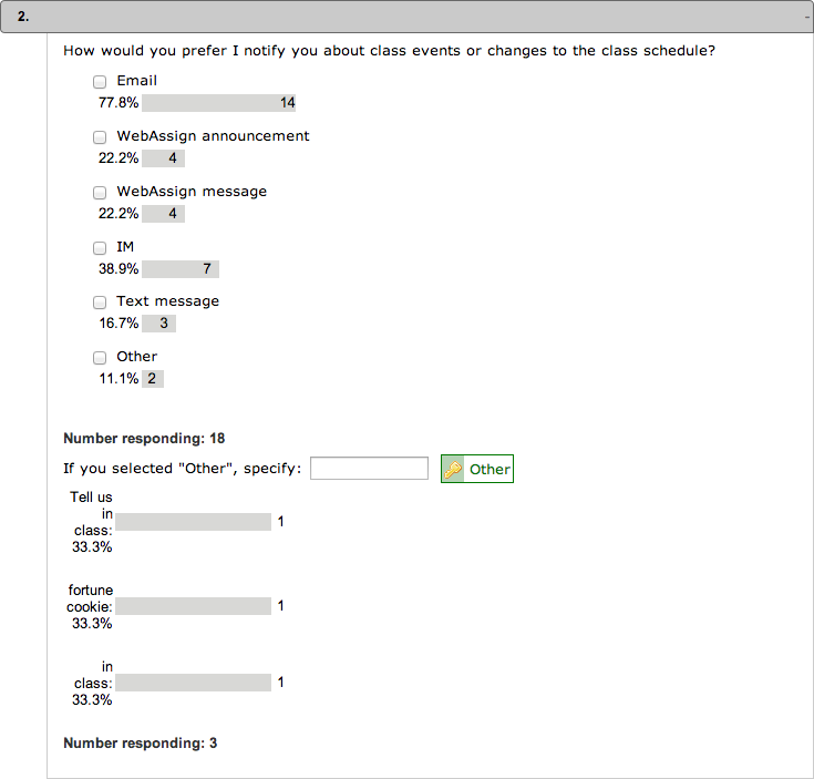 Grades Response Summary view of a multiple-part question with multi-select and fill-in-the-blank question parts