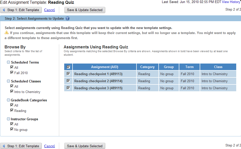 edit assignment template page