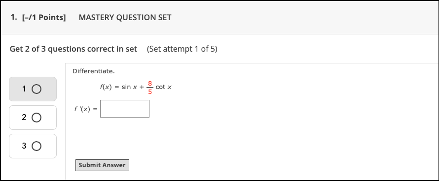 A mastery set in an assignment with 3 questions.