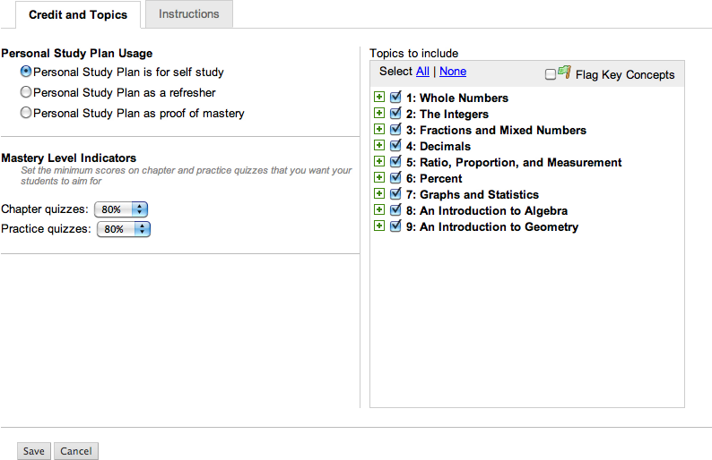 Personal Study Plan settings window, Credit and Topics tab