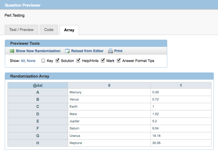 image of Array tab in the Question Previewer