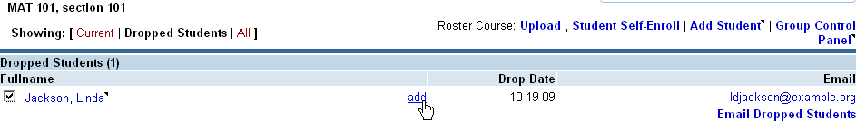 student selected in roster