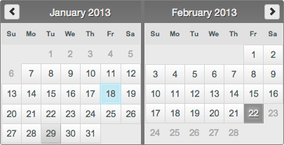 two month calendar with controls to change months