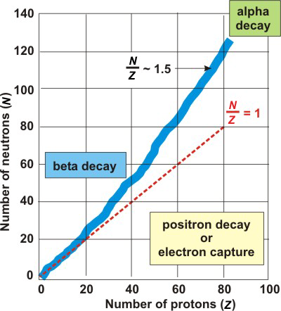 The ratio of N to Z for the stable isotopes.